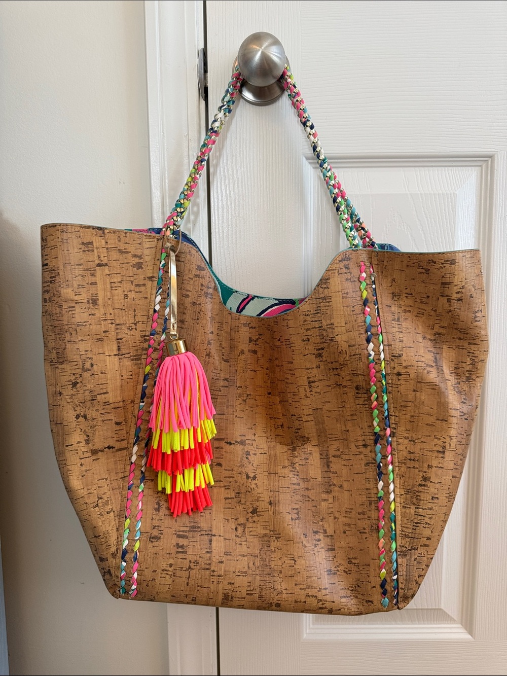Lilly Pulitzer Cork Tote with Neon Tassel and Braided Straps